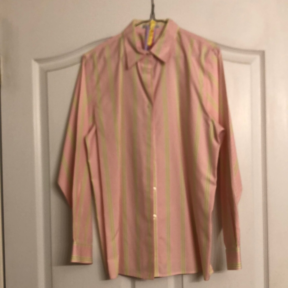 Fox Croft Wrinkle Free shirt-pin stripe pink and sea foam green, size 10